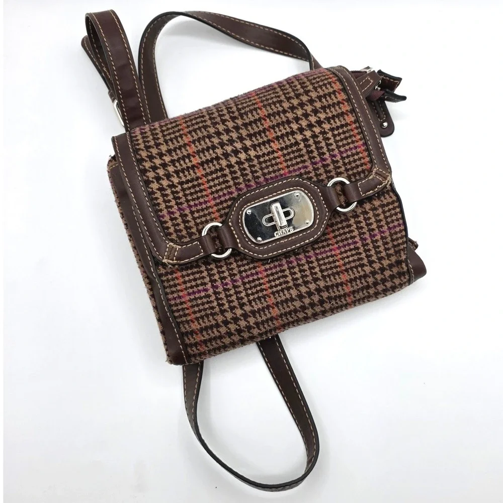 Chaps Vintage Brown Houndstooth Plaid Wool Crossbody Bag Mid 2000s Messenger